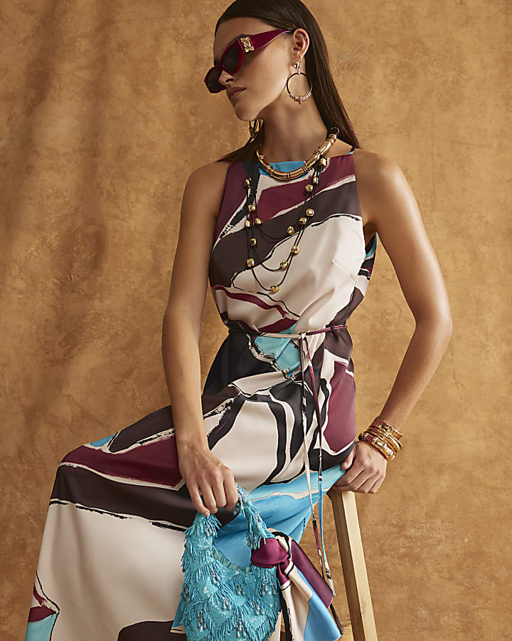 Blue Satin Sleeveless Midi Slip Dress