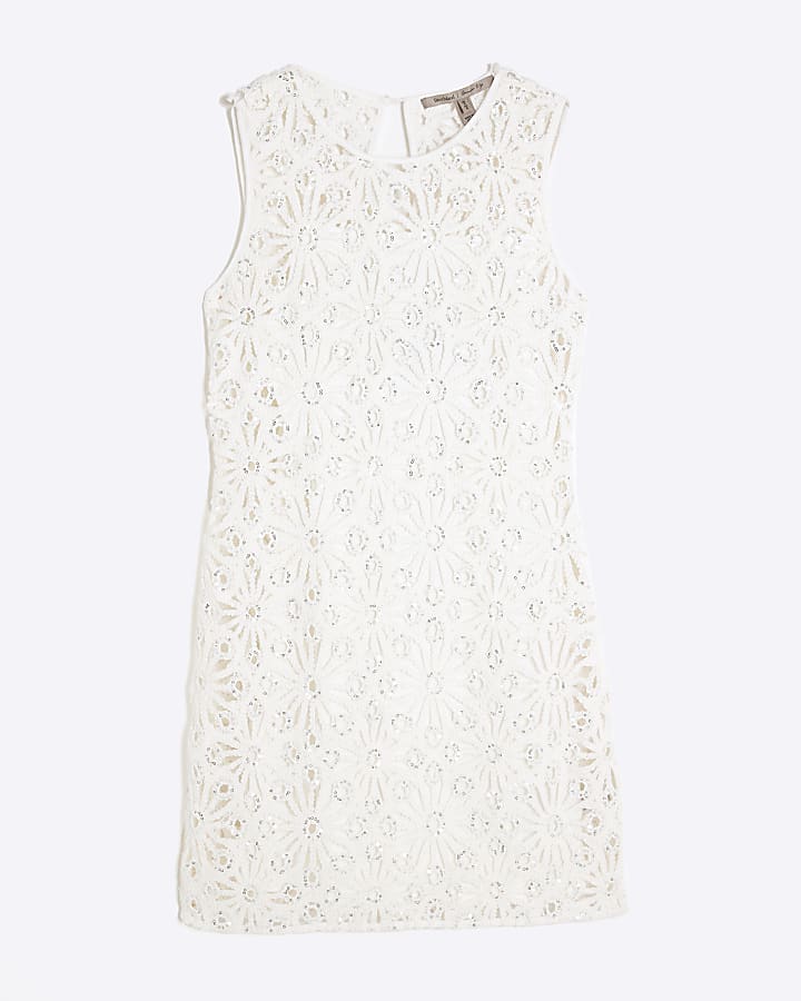 Cream Floral Crochet Embellished Mini Dress