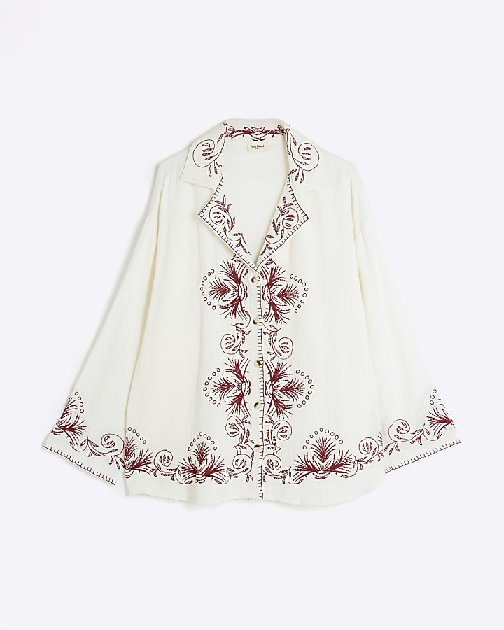 Cream Long Sleeve Embroidered Shirt
