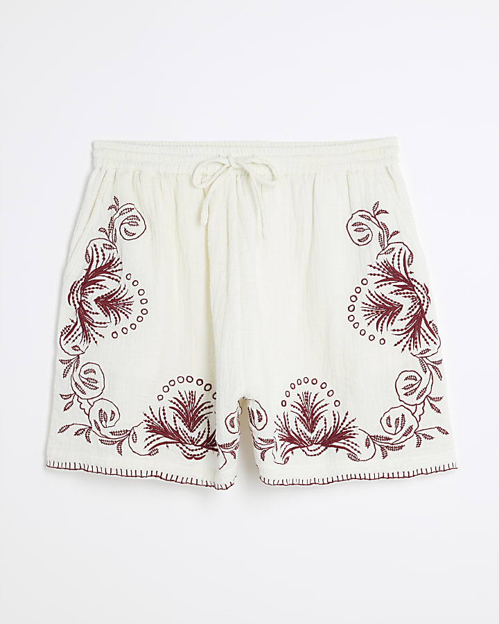 Cream Embroidered Shorts