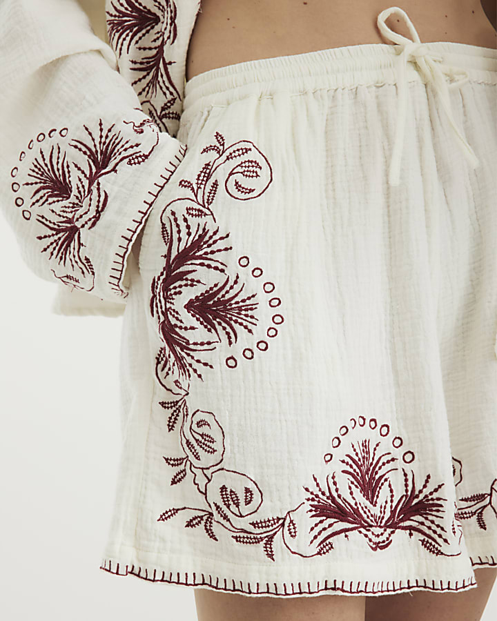 Cream Embroidered Shorts