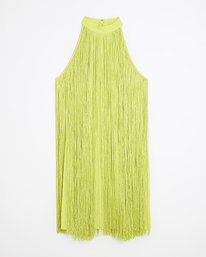 Lime Premium Fringe Halter Neck mini dress