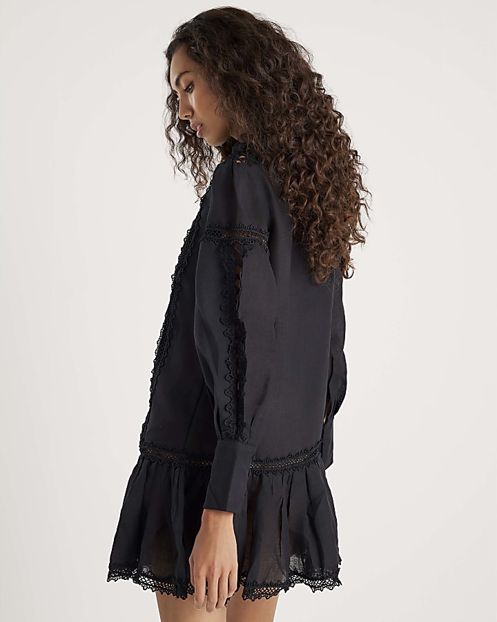 Black Long Sleeve Lace Cut Out Mini Dress