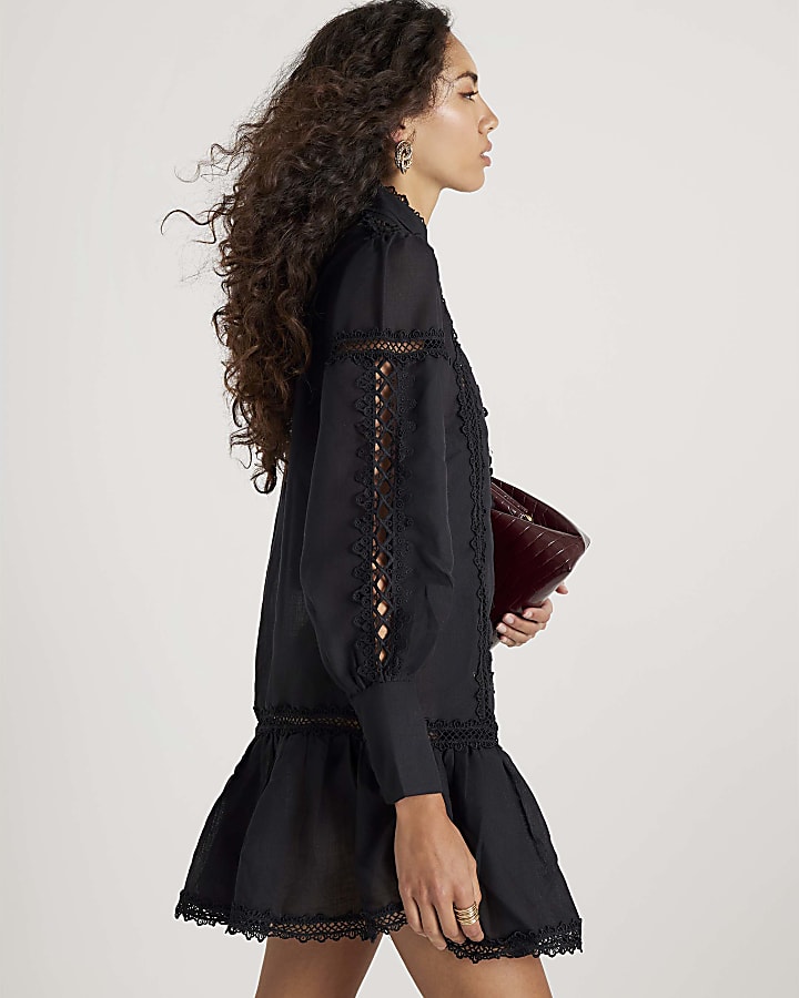 Black Long Sleeve Lace Cut Out Mini Dress
