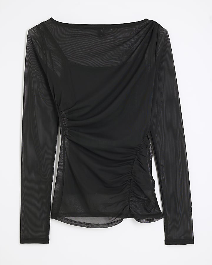 Black Slash Neck Ruched Mesh Top