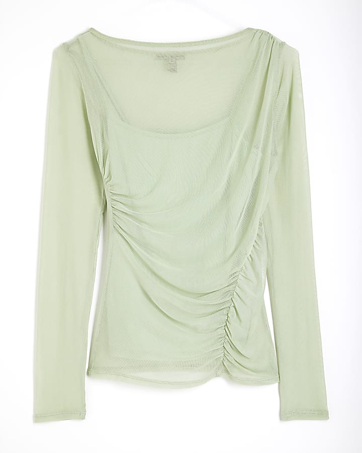 Green - Light LS Slash Neck Ruched Mesh Top