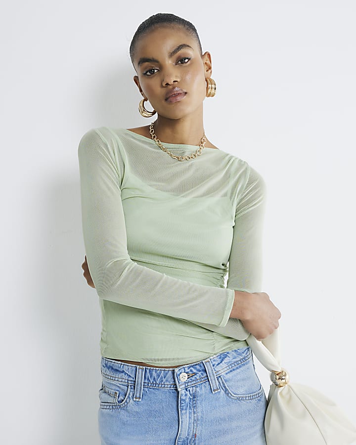 Green Slash Neck Ruched Mesh Top