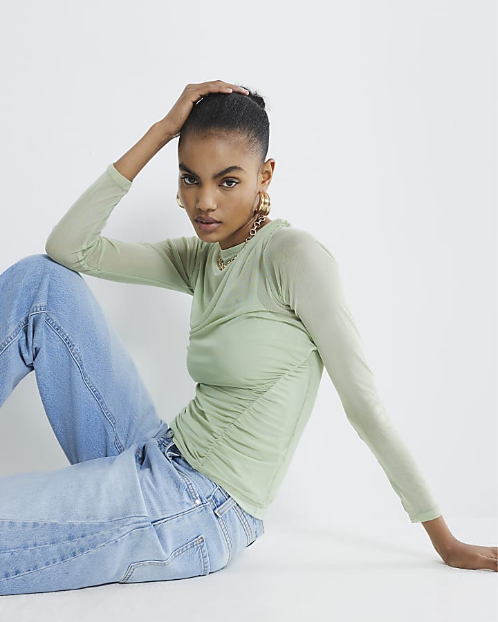 Green Slash Neck Ruched Mesh Top