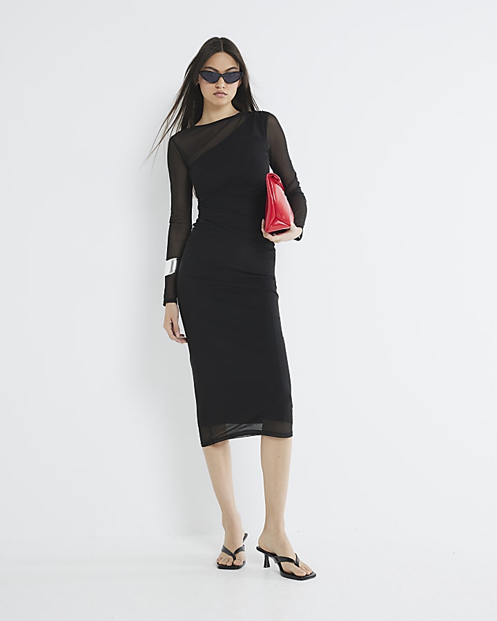 Black Long Sleeve Mesh Asymmetric Midi Dress