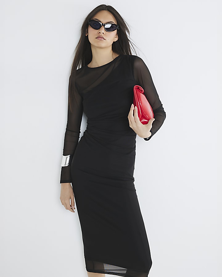 Black Long Sleeve Mesh Asymmetric Midi Dress