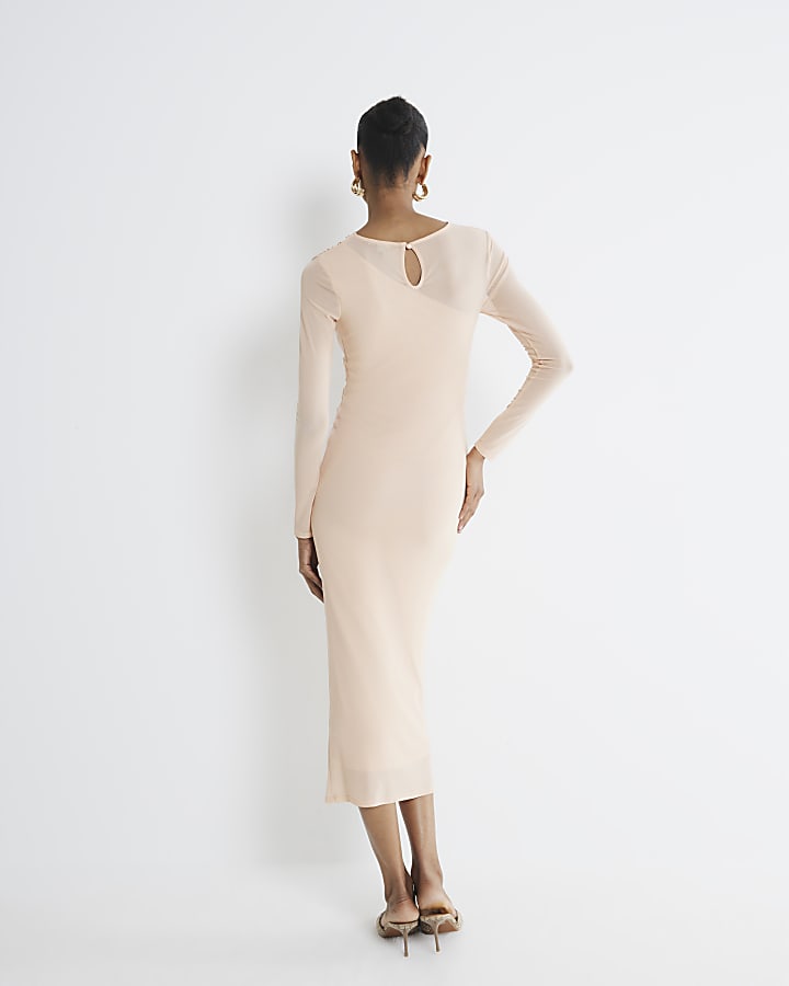 Beige Long Sleeve Mesh Midi Dress