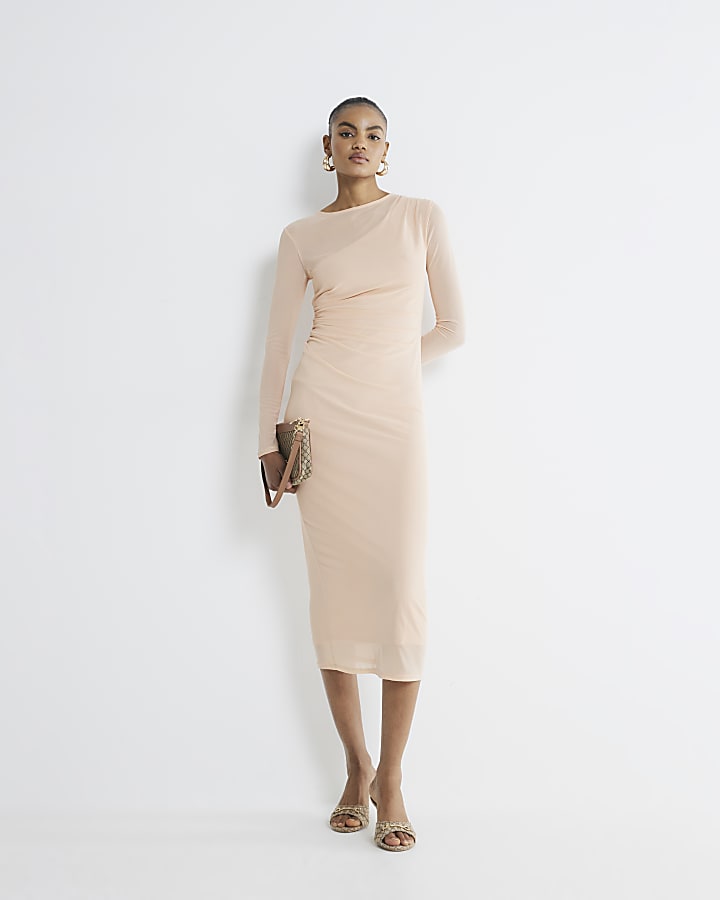 Beige Long Sleeve Mesh Midi Dress