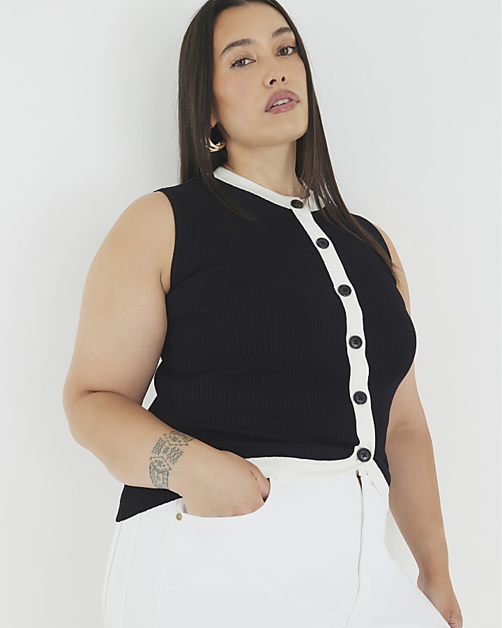 Black Knit Curved Hem Ribbed Top