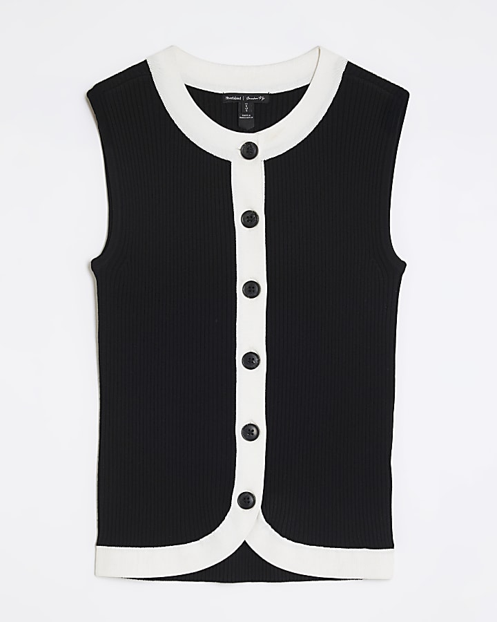 Black Knit Curved Hem Ribbed Top