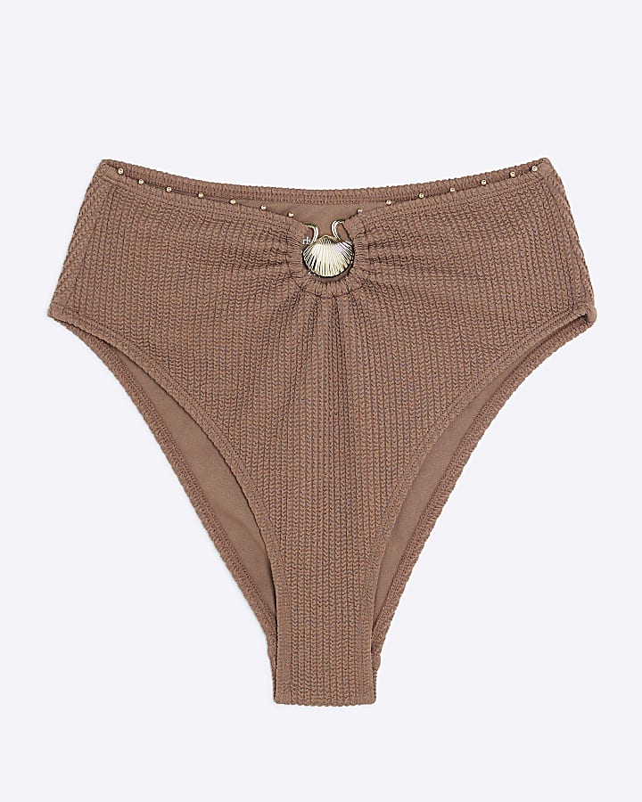Brown Textured High Waisted Bikini Bottoms
