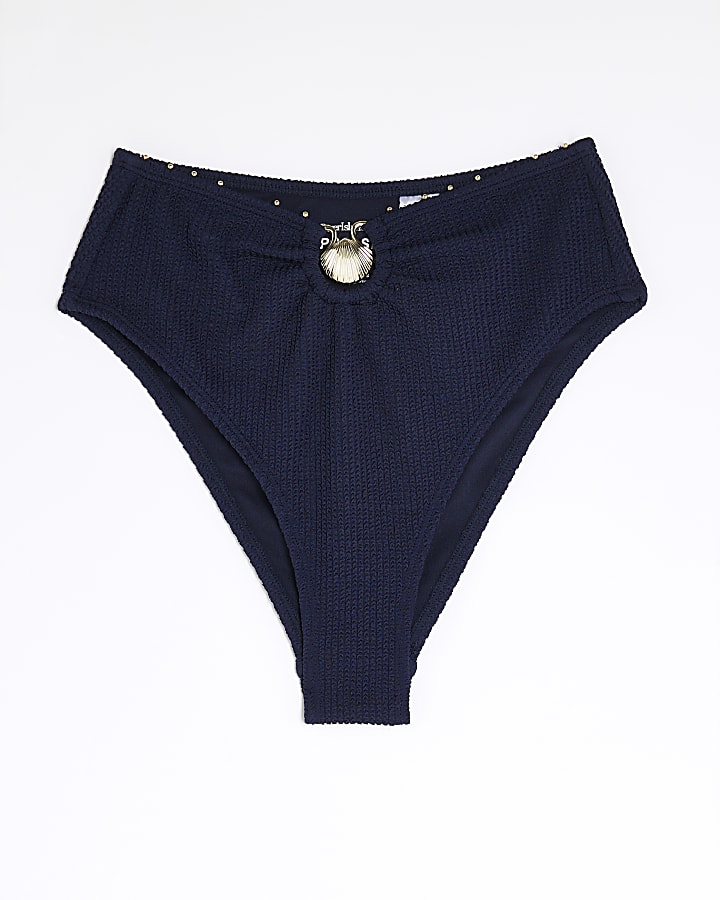 Navy Textured Shell High Waisted Bikini Brief