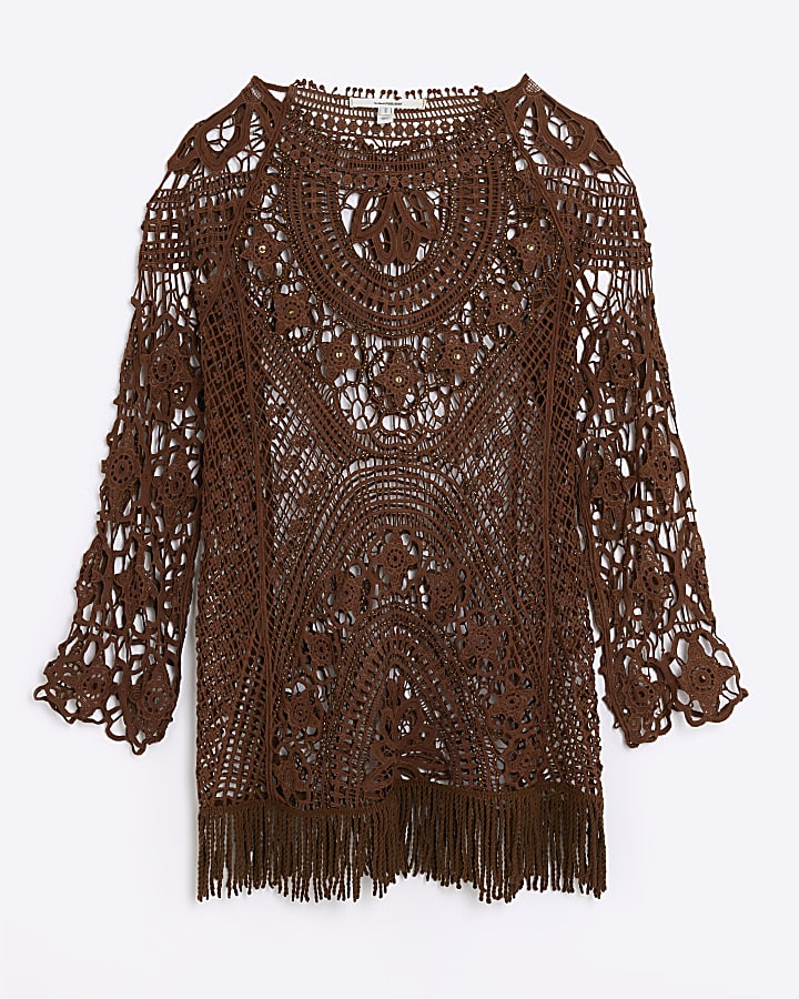 Brown Crochet Tunic Beach Dress