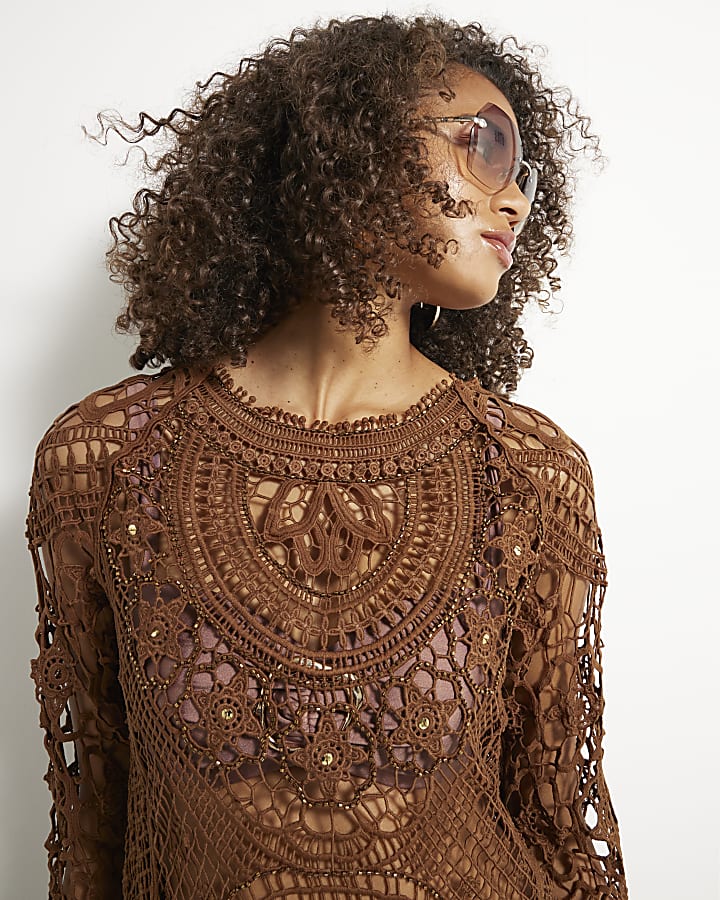 Brown Crochet Tunic Beach Dress