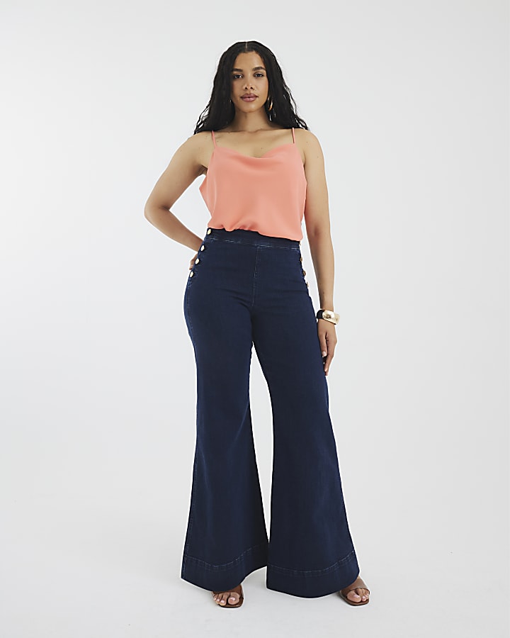 Blue High Rise Palazzo Button Detail Jeans