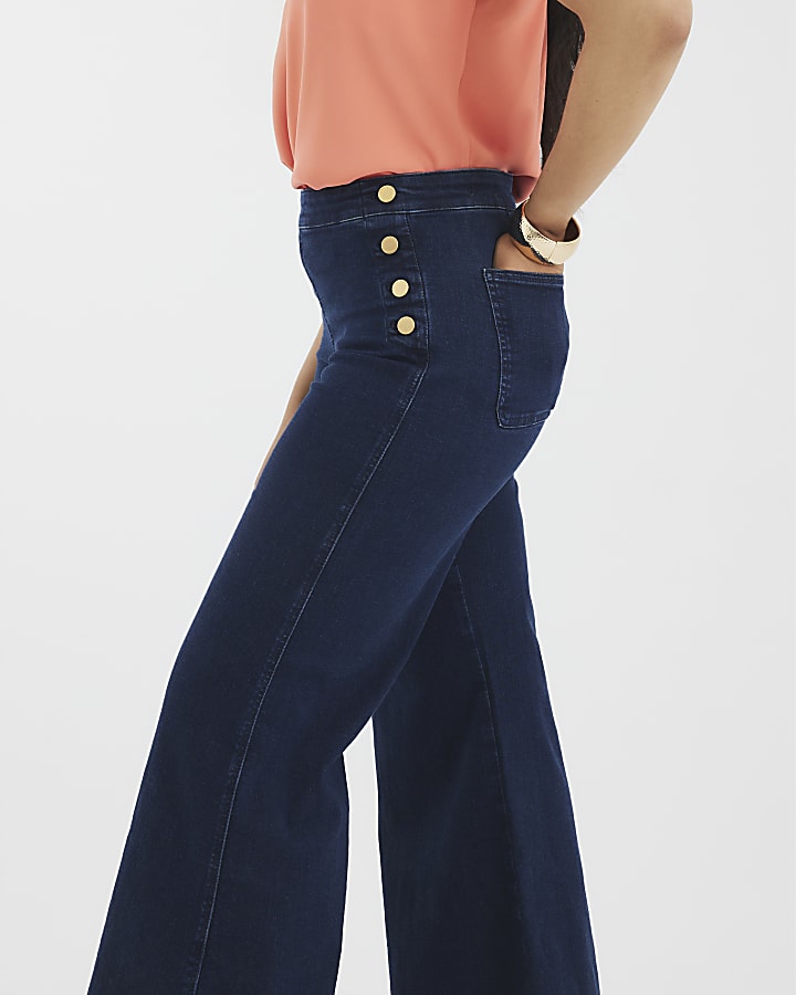Blue High Rise Palazzo Button Detail Jeans