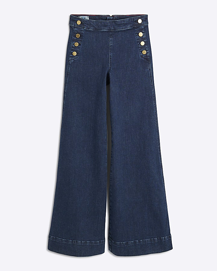 Blue High Rise Palazzo Button Detail Jeans