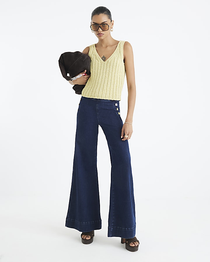 Blue High Rise Palazzo Button Detail Jeans