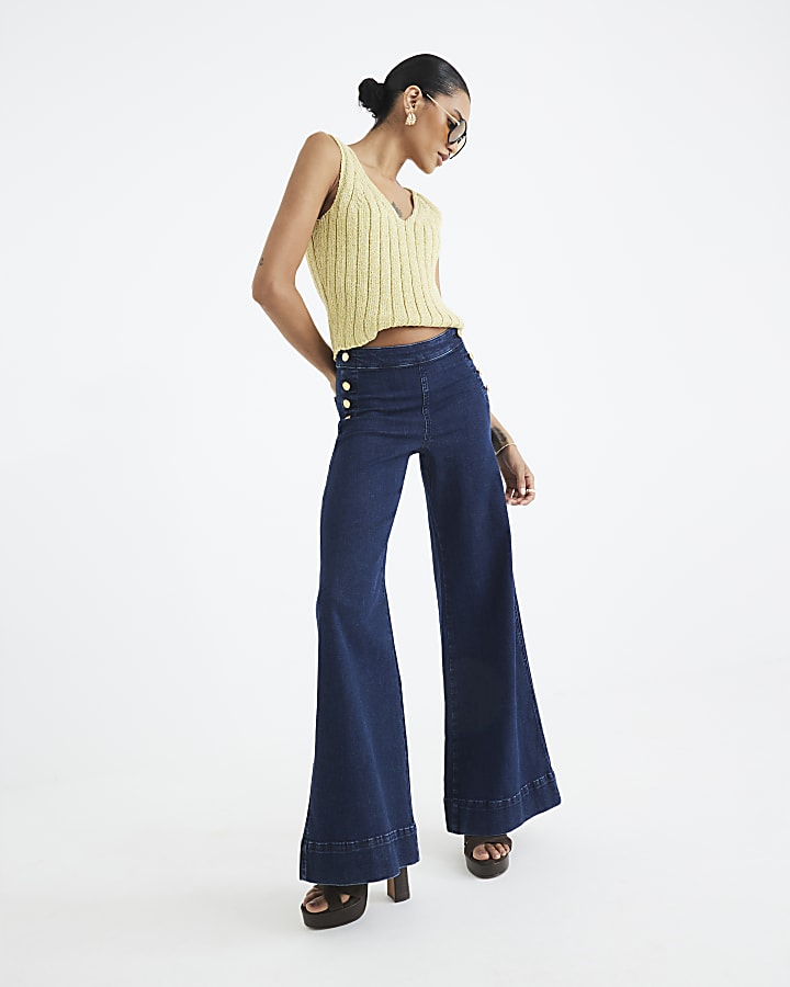 Blue High Rise Palazzo Button Detail Jeans