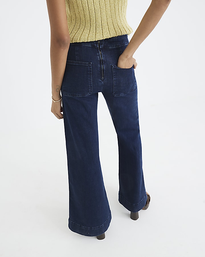 Blue High Rise Palazzo Button Detail Jeans