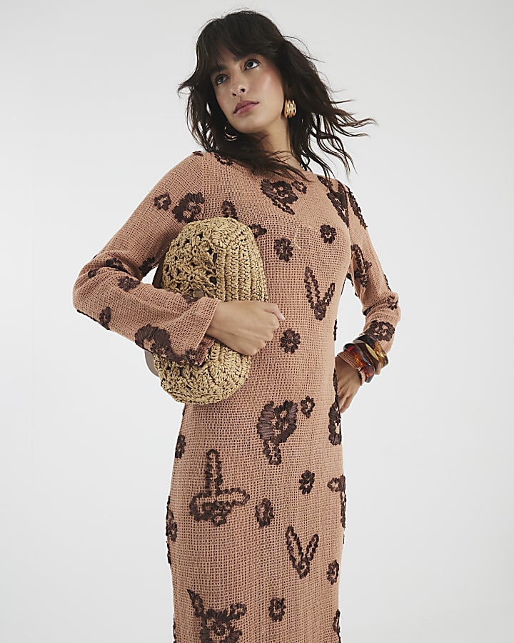 Brown Embroidered Crochet Midi Beach Dress