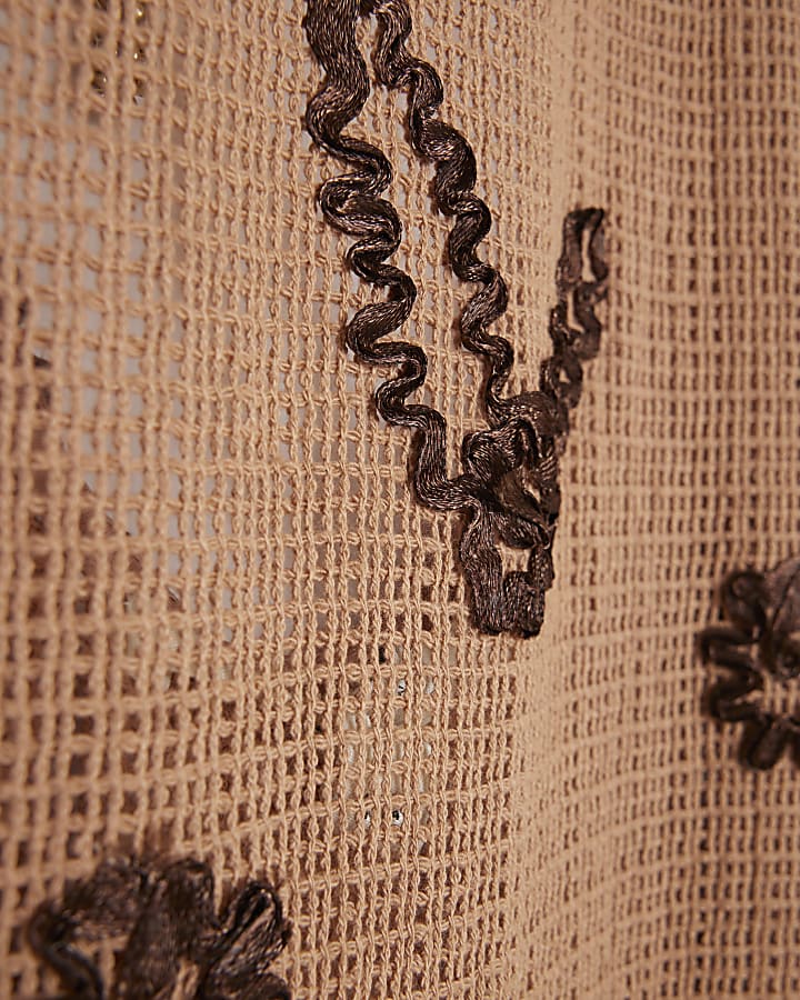 Brown Embroidered Crochet Midi Beach Dress