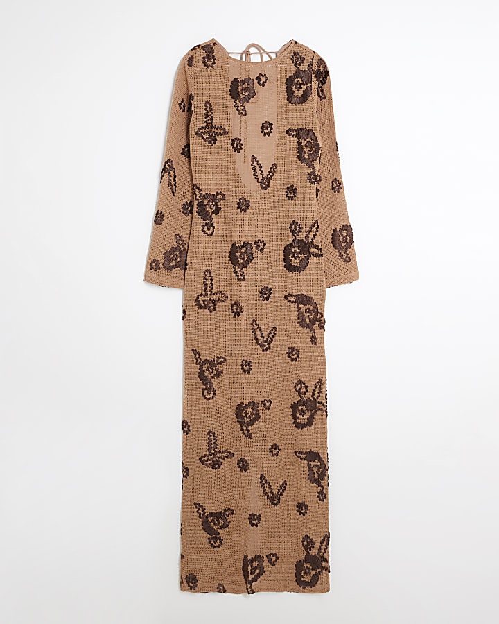 Brown Embroidered Crochet Midi Beach Dress