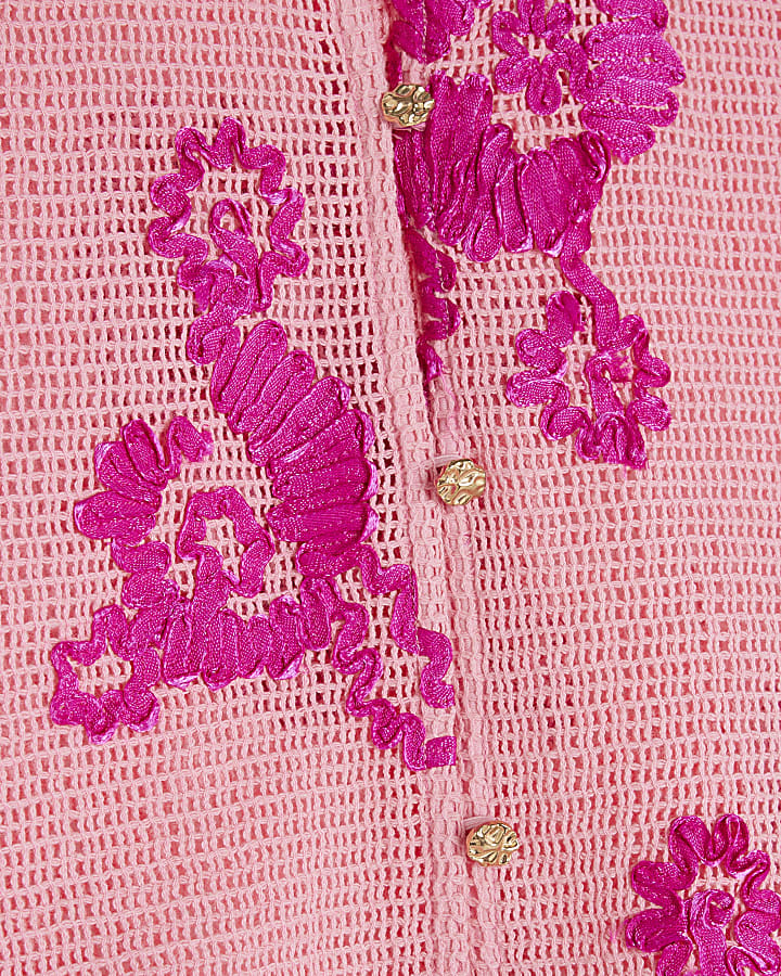 Pink Long Sleeve Embroidered Beach Crop Top