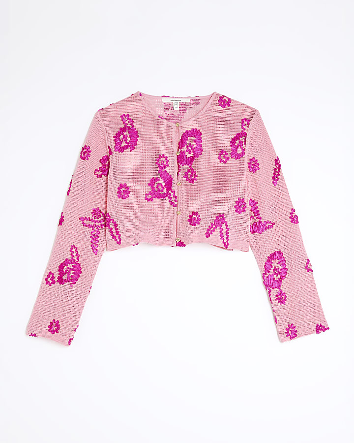 Pink Long Sleeve Embroidered Beach Crop Top