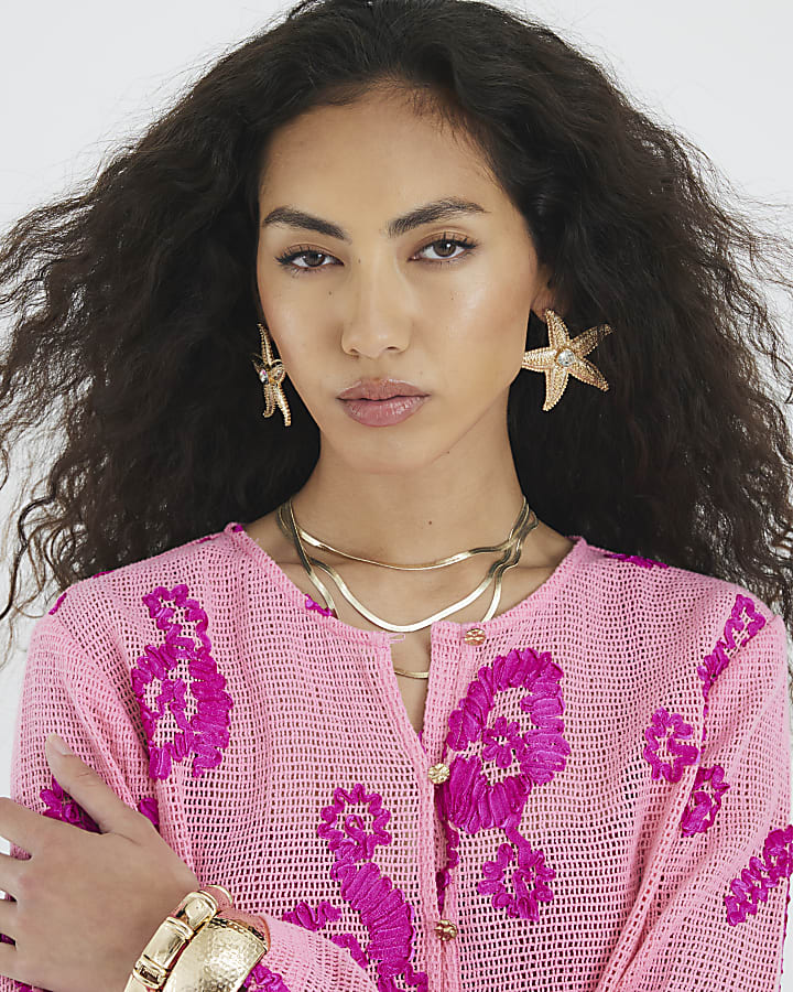 Pink Long Sleeve Embroidered Beach Crop Top
