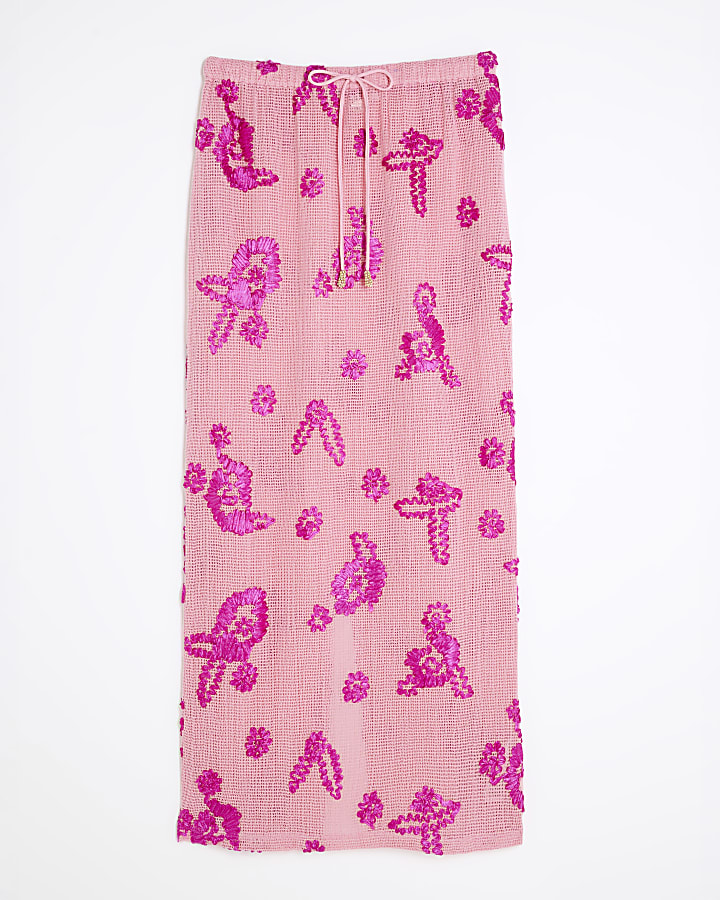 Pink Embroidered Maxi Beach Skirt