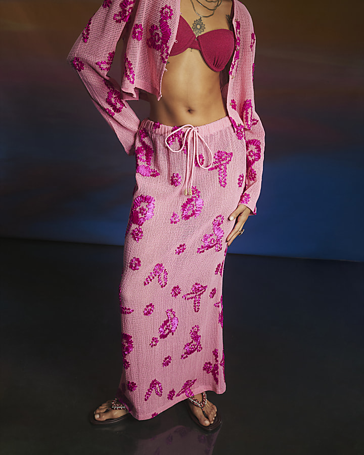 Pink Embroidered Maxi Beach Skirt