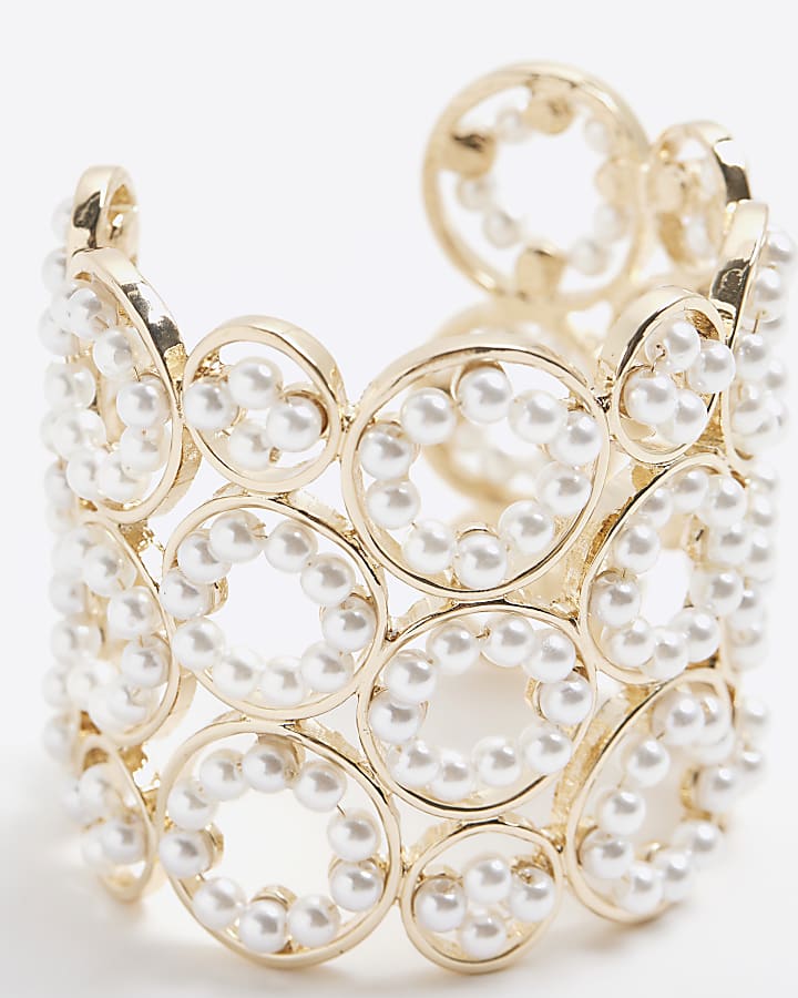 Gold Pearl Circle Chunky Cuff Bracelet