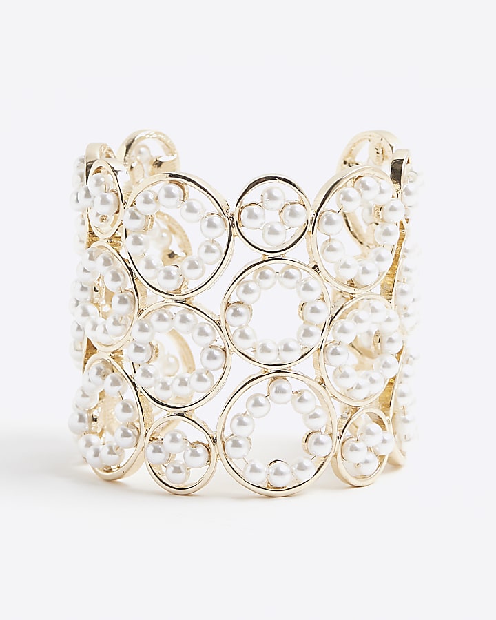 Gold Pearl Circle Chunky Cuff Bracelet