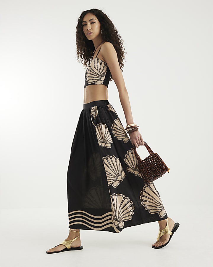 Black Printed Beach Maxi Skirt