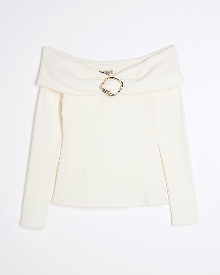 Cream Long Sleeve Buckle Bardot Top