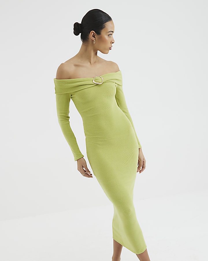 Green Bardot Midi Bodycon Dress