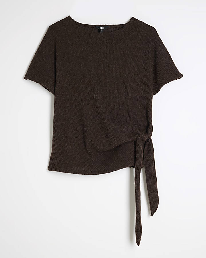 Brown Ribbed Short Sleeve Tie Waist T-shirt