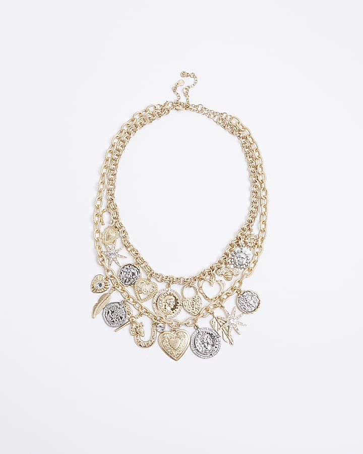 Mixed Metal Multi Row Charm Necklace