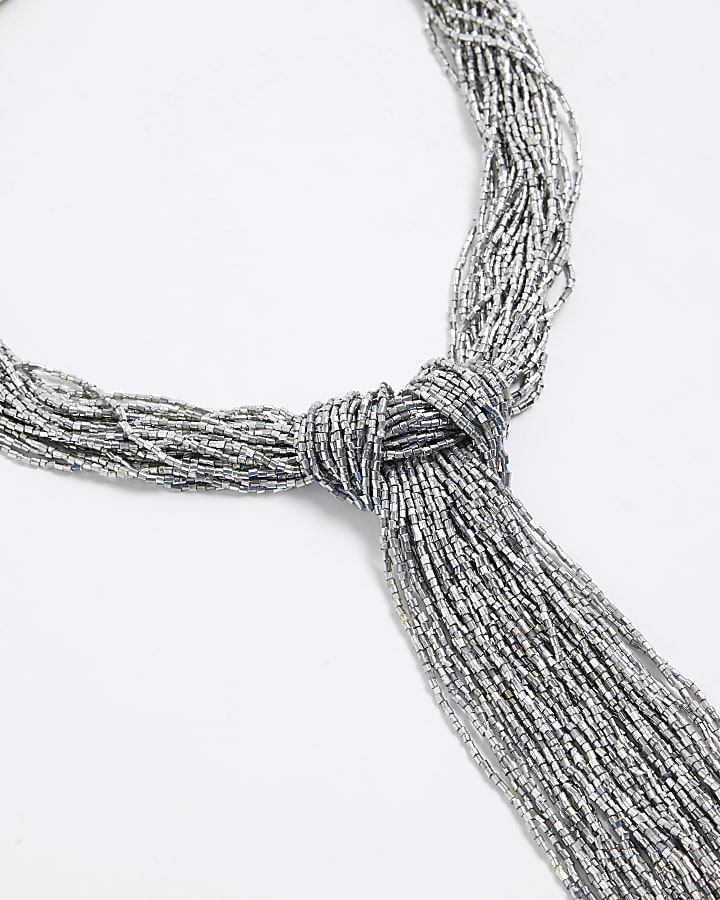 Silver Knot Beaded Scarf Necklace
