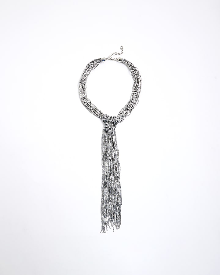 Silver Knot Beaded Scarf Necklace