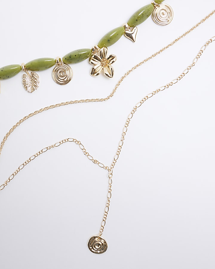 Green Stone Charm Layered Necklace