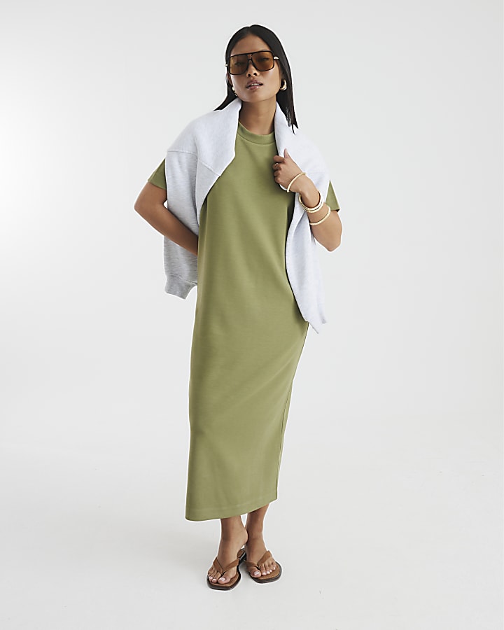Petite Khaki Premium Maxi T-Shirt Dress