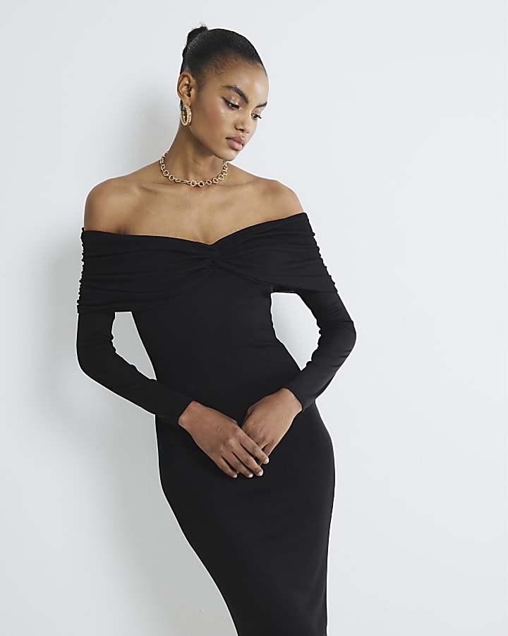 Black Long Sleeve Twist Bardot Midi Dress