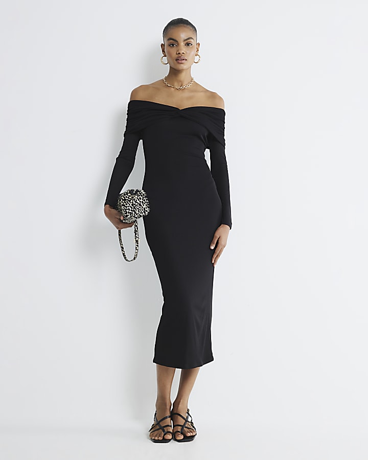 Black Long Sleeve Twist Bardot Midi Dress