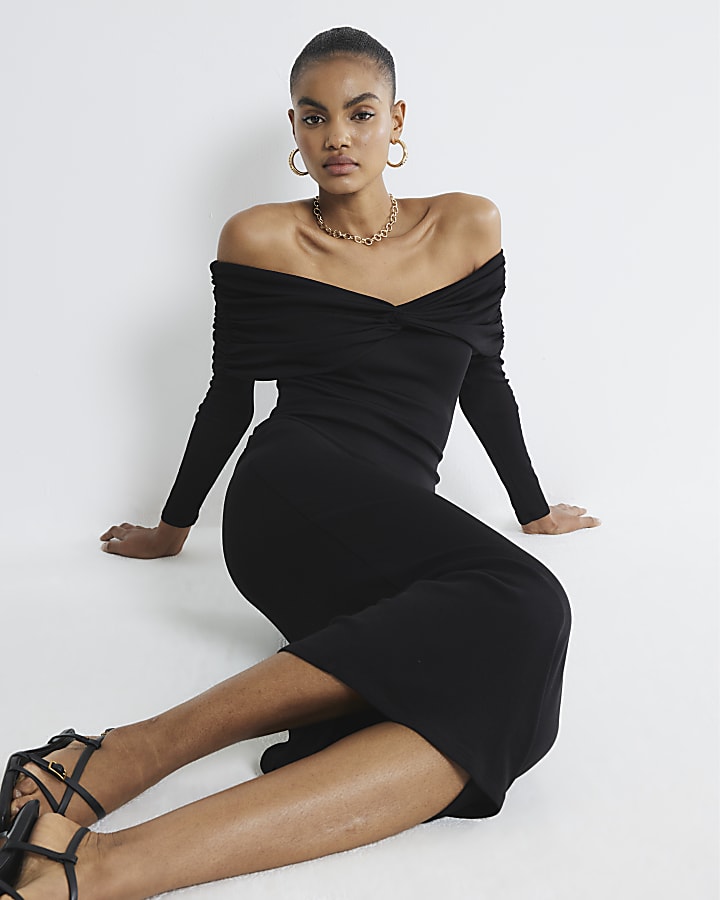 Black Long Sleeve Twist Bardot Midi Dress